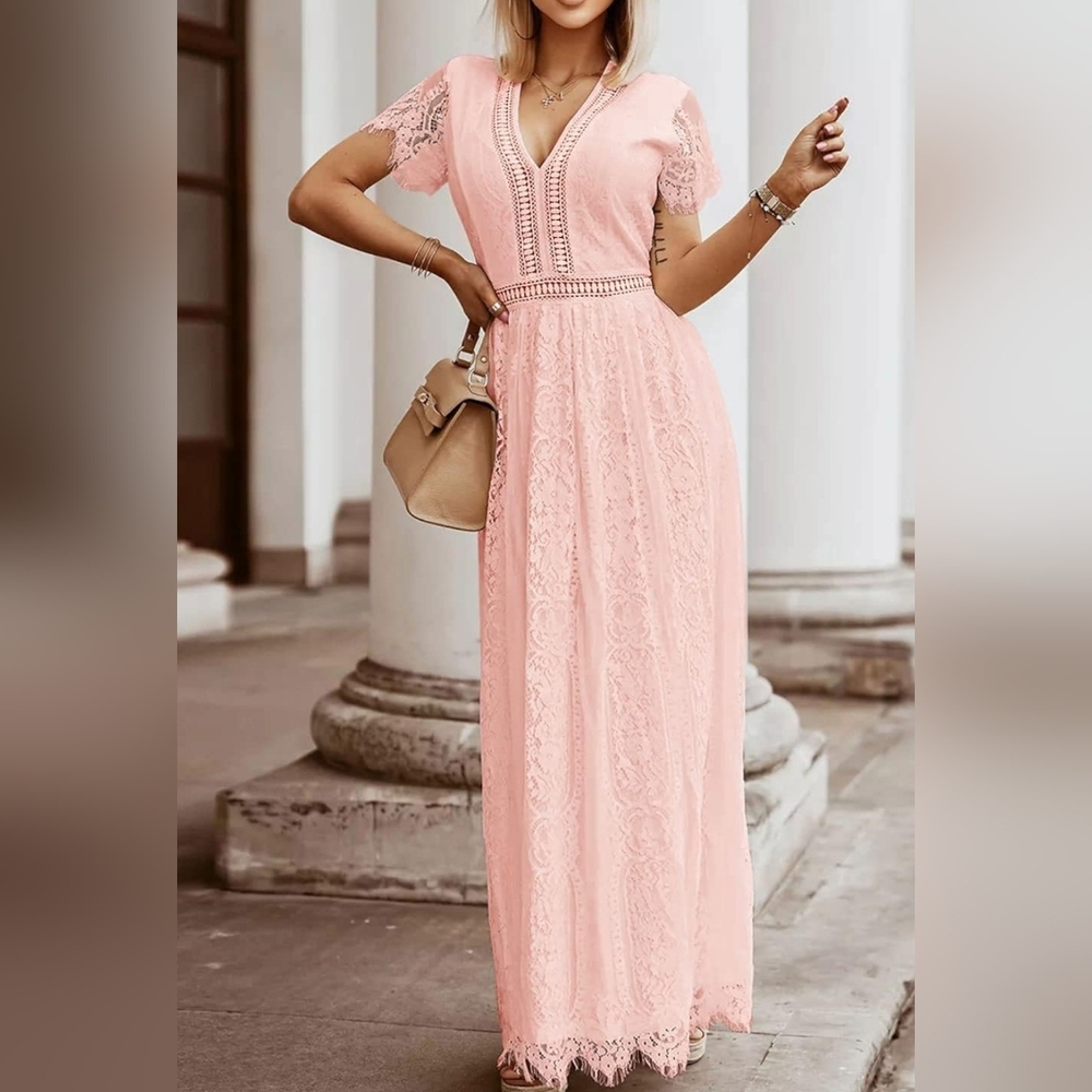 NWT MEROKEETY Women's V Neck Short Sleeve Floral Lace Maxi Dress.